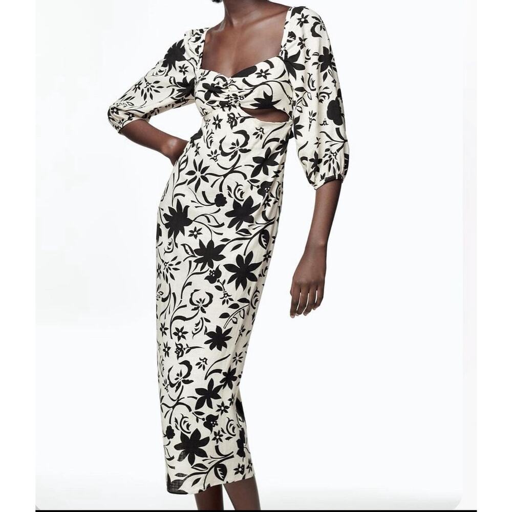 ZARA WOMAN LINEN BLEND FLORAL MIDI DRESS Ecru/Black